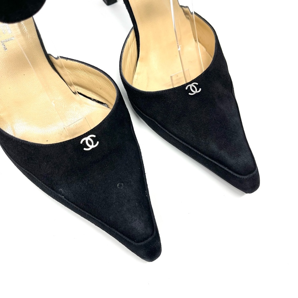 Vintage Chanel Black Suede Silver CC Logo High Heels Pumps Shoes 38.5 8.5 - Picture 5 of 13